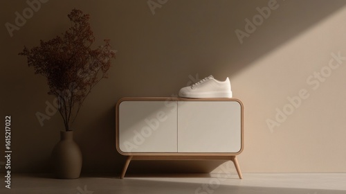 Minimalist shoe display, warm tones