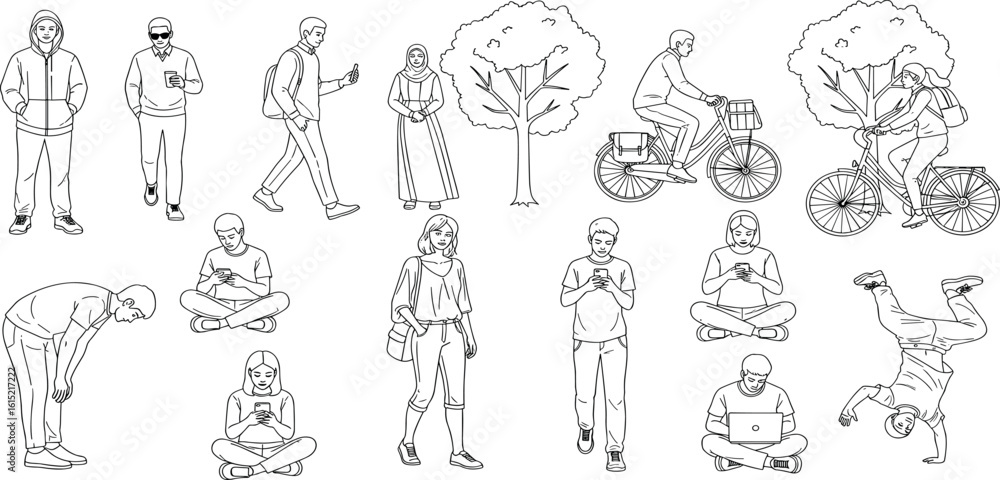 Fototapeta premium CAD Drawings. Set people outlines isolated on white background. Sitting, walking, dancing, etc. Vector illustration