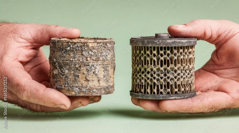 Fototapeta premium Hands holding a clogged filter cartridge next to a new one, showing how groundwater quickly ruins unsuitable filters