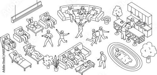 CAD Drawings. Set people outlines isolated on grey background. Sitting, walking. Top view. Vector illustration.