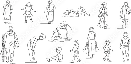 CAD Drawings. Set people outlines isolated on white background. Sitting, walking, dancing, etc. Vector illustration