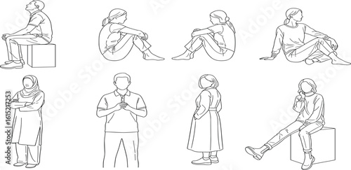 CAD Drawings. Set people outlines isolated on white background. Standing, sitting, etc. Vector illustration