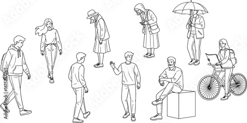 CAD Drawings. Set people outlines isolated on white background. Sitting, walking, etc. Vector illustration