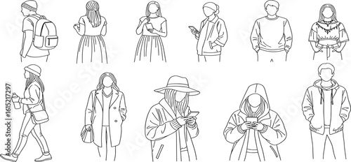 CAD Drawings. Set people outlines isolated on white background. Walking, standing, talking etc. Vector illustration.