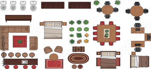Colorful furniture outline top view. Floor plan icons set for design interior and architectural project. Furniture thin line icon in top view for layout