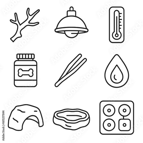 Exotic Pet Enrichment Icons. Outline style icons of Exotic Pet Enrichment: climbing branch, UVB lamp, habitat thermometer, calcium