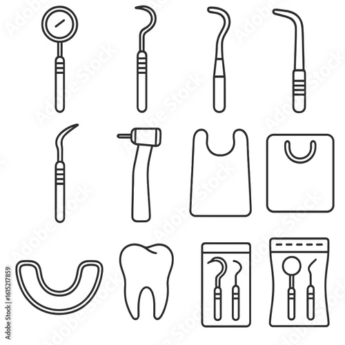 Dental Care Icons. Outline style icons of Dental Care Tools: dental mirror, probe explorer, suction tip, scaler instrument, dental
