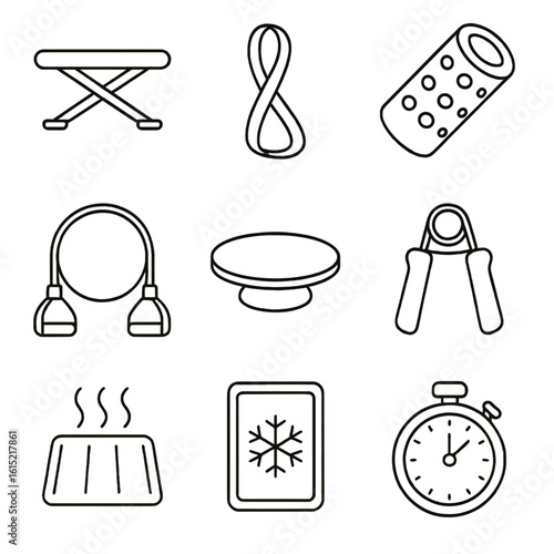 Physical Therapy Icons. Outline style icons of Physical Therapy Equipment: therapy table, stretch strap, foam roller, resistance