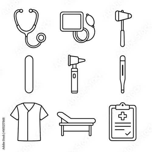 Physical Exam Icons. Outline style icons of General Physical Examination: stethoscope, blood pressure cuff, reflex hammer, tongue