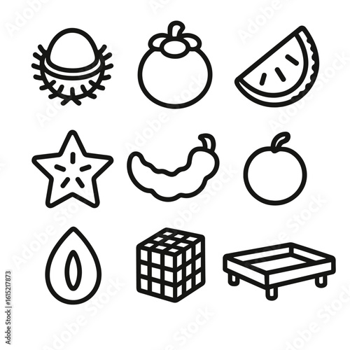 Exotic Fruit Icons. Outline style icons of Exotic Fruit Display: rambutan half, mangosteen, jackfruit chunk, starfruit slice,