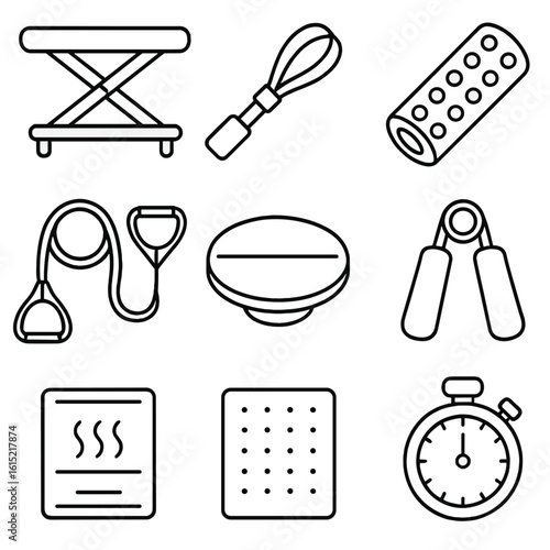 Physical Therapy Icons. Outline style icons of Physical Therapy Equipment: therapy table, stretch strap, foam roller, resistance