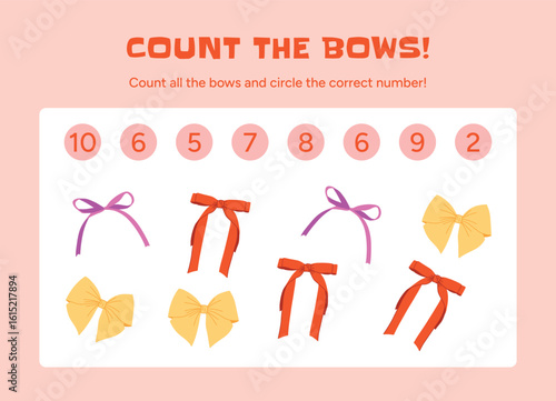 Math game for kids. Count all bows and mark correct answer. Preschool number learning activity with colorful objects. Visual logic puzzle for early education. Vector illustration