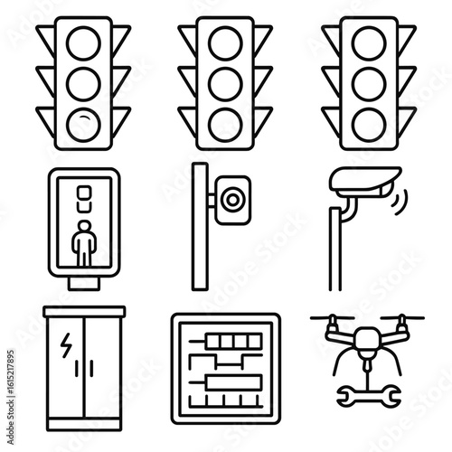 Traffic Signal Icons. Outline style icons of Traffic Signal Control: red light, green light, yellow light, pedestrian countdown,