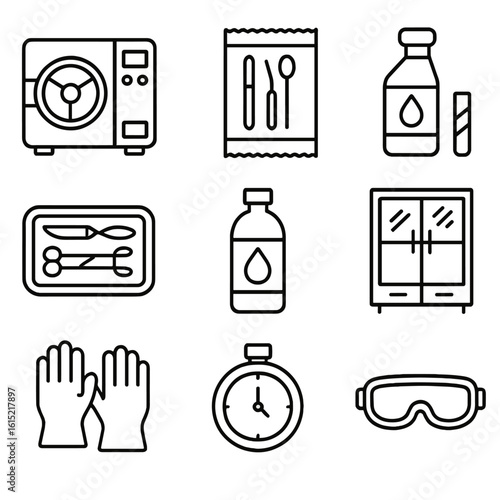 Surgical Sterilization Icons. Outline style icons of Surgical Sterilization Room: autoclave machine, sterilization pouch,