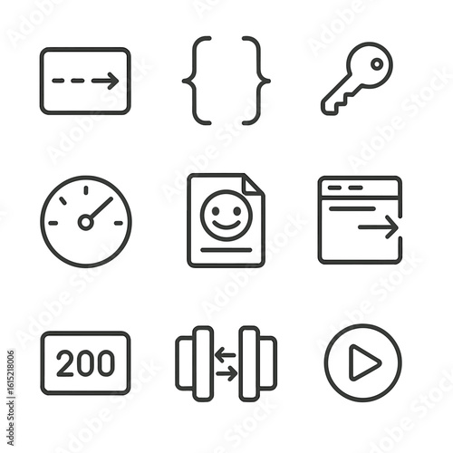 API Development Icons. Outline style icons of API Development Suite: REST endpoint, JSON braces, authentication key, rate limit