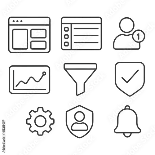 Admin Panel Icons. Outline style icons of Learning Management Admin Panel: dashboard widgets, course list table, enrollment count