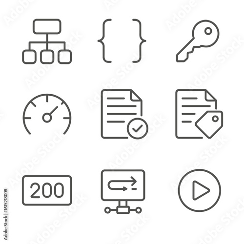 API Development Icons. Outline style icons of API Development Suite: REST endpoint, JSON braces, authentication key, rate limit