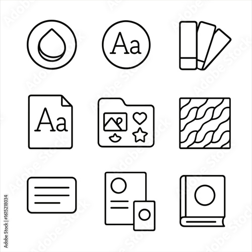 Branding Kit Elements. Outline style icons of Branding Kit Elements: primary logo, secondary logo, brand color swatch, typography
