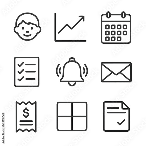 Parent Portal Icons. Outline style icons of Parent Portal Overview: child avatar, progress chart, attendance calendar, homework