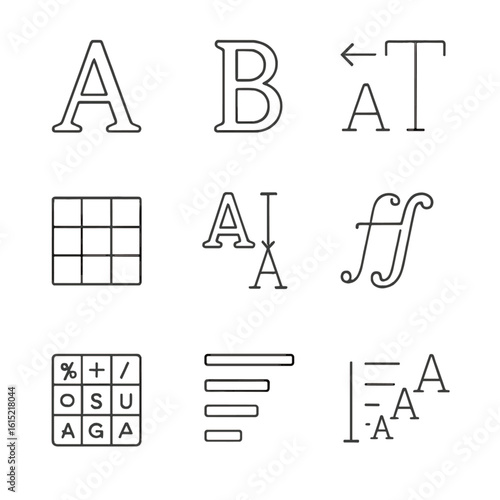 Typography Icon Essentials. Outline style icons of Typography Essentials: serif font A, sans-serif font B, kerning arrows,