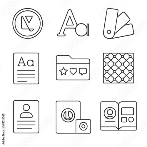 Branding Kit Elements. Outline style icons of Branding Kit Elements: primary logo, secondary logo, brand color swatch, typography