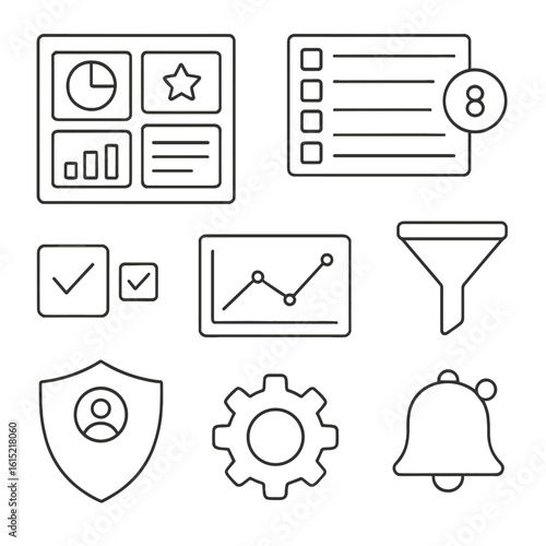 Admin Panel Icons. Outline style icons of Learning Management Admin Panel: dashboard widgets, course list table, enrollment count