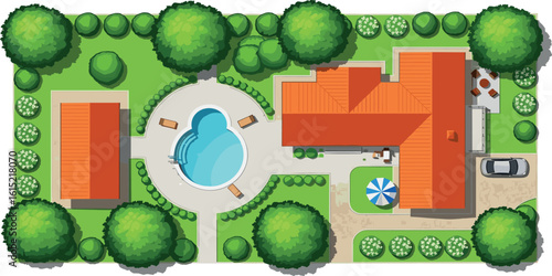 Design plan with house, courtyard, lawn and garage top view. Highly detailed plan of country with modern cottage, garden, pond, pool
