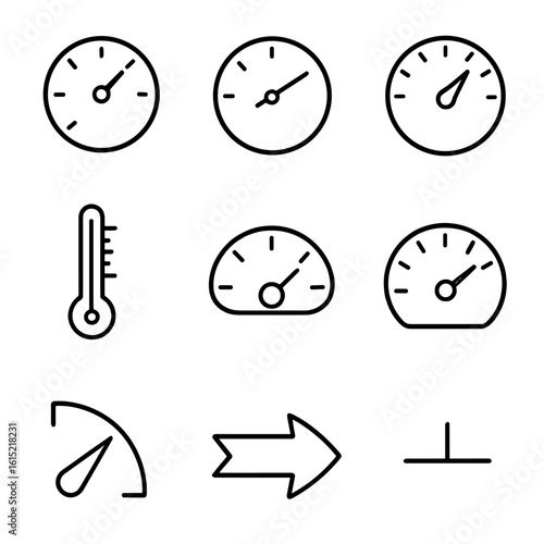 Industrial Gauge Icons. Outline style icons of Industrial Gauge Hands: pressure gauge pointer, tachometer needle, speedometer hand
