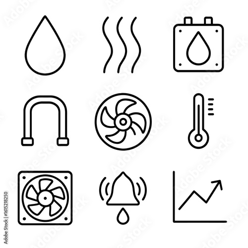 Cooling System Icons. Outline style icons of Tech Liquid Cooling Drops: coolant droplet, radiator fins, water block icon, tubing