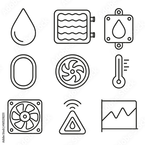 Cooling System Icons. Outline style icons of Tech Liquid Cooling Drops: coolant droplet, radiator fins, water block icon, tubing