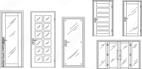 Door type icons Collection in linear style Home entrance doors, classic interior doors, elevators and wooden or glass safes Simple design vector illustration on white background
