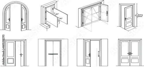 Doors, stairs for floor plan top view. Architectural elements set for apartment scheme. Construction symbols, graphic design elements, blueprints