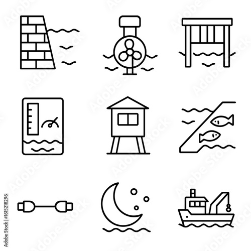 Tidal Energy Icons. Outline style icons of Tidal Energy Generator: tidal barrage wall, bulb turbine, sluice gate, sea level gauge,