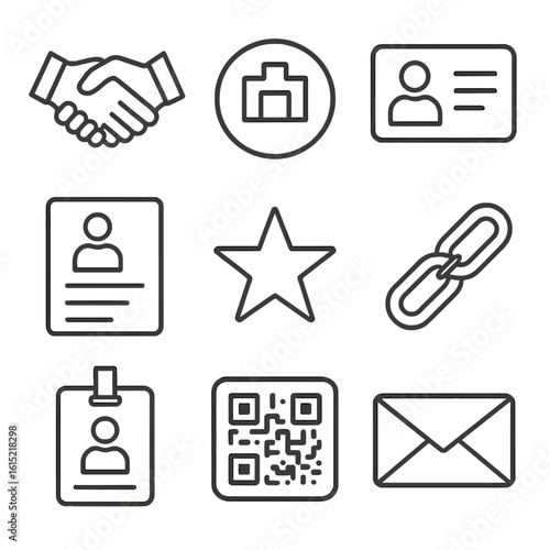 Business Networking Icons. Outline style icons of Business Networking Profile: handshake icon, company logo badge, elevator pitch