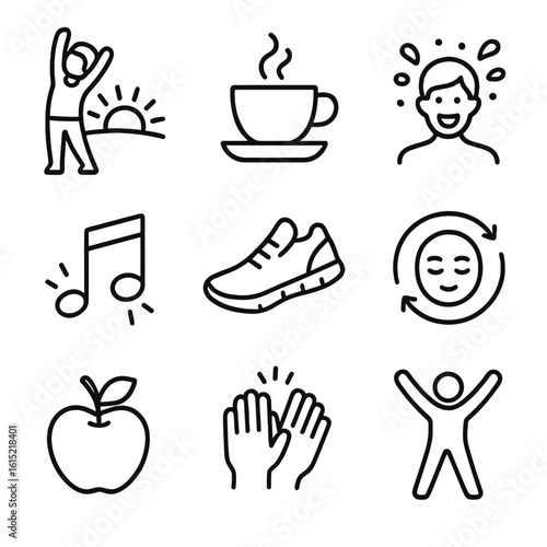 Energy Ritual Icons. Outline style icons of Energy Boost Rituals: sunrise stretch, cup of coffee, cold splash water, upbeat music
