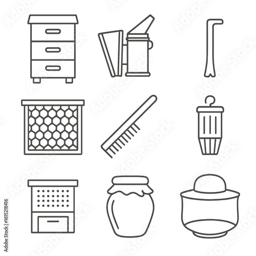 Beekeeping Essentials Icons. Outline style icons of Beekeeping Essentials: stacked hive, beekeeper smoker, hive tool, honey frame,