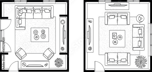 Family room furniture outline top view. Floor plan icons set for design interior and architectural project. Furniture thin line icon in top view for layout