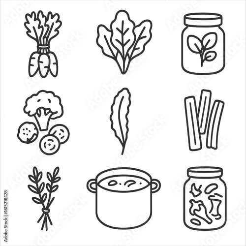 Root-to-Stem Icons. Outline style icons of Root-to-Stem Cooking Set: carrot tops bunch, beet greens leaf, radish leaf pesto jar,