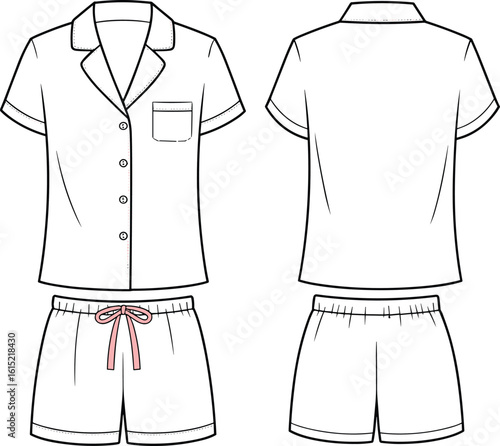 Short sleeve women pajama set, front and back technical sketch, button shirt and shorts, cad drawing, flat vector fashion illustration