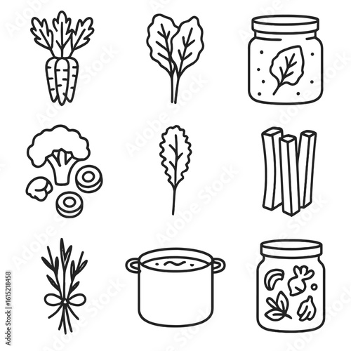 Root-to-Stem Icons. Outline style icons of Root-to-Stem Cooking Set: carrot tops bunch, beet greens leaf, radish leaf pesto jar,