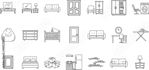 Furniture outline front view. Floor plan icons set for design interior and architectural project. Furniture thin line icon in front view for layout