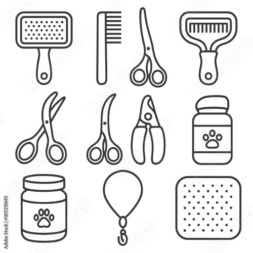 Dog Grooming Icons. Line style icons of Dog Grooming Toolkit: slicker brush, detangling comb, de-shedding rake, curved scissors,