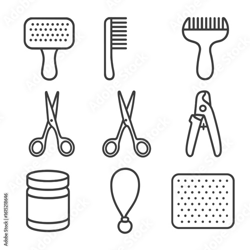 Dog Grooming Icons. Line style icons of Dog Grooming Toolkit: slicker brush, detangling comb, de-shedding rake, curved scissors,