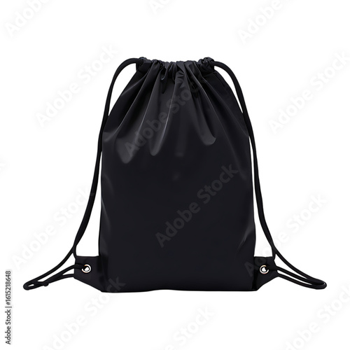 Black Drawstring Backpack Mockup With Reflective Strip for Gym, School, and Promotional Use, Isolated Png Transparent Background
