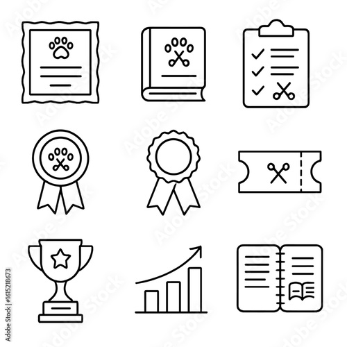 Groomer Certification Icons. Line style icons of Groomer Certification Items: framed certificate, training manual, exam checklist,