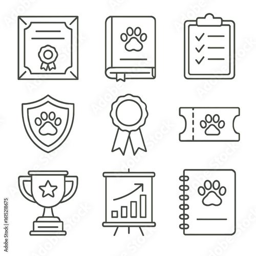 Groomer Certification Icons. Line style icons of Groomer Certification Items: framed certificate, training manual, exam checklist,