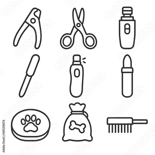 Nail Trimming Icons. Line style icons of Nail Trimming Station: guillotine clipper, scissor clipper, rotary grinder, nail file,