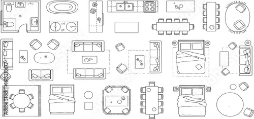 Furniture outline top view. Floor plan icons set for design interior and architectural project. Furniture thin line icon in top view for layout.