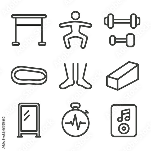 Barre-Fusion Icon Set. Line style icons of Barre-Fusion Class: ballet barre, plié squat, light dumbbells, resistance band, turnout