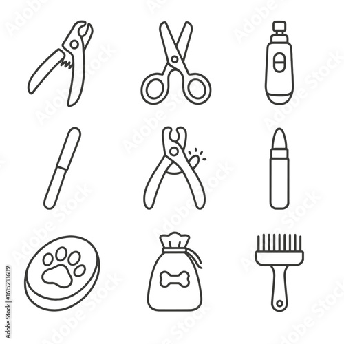 Nail Trimming Icons. Line style icons of Nail Trimming Station: guillotine clipper, scissor clipper, rotary grinder, nail file,